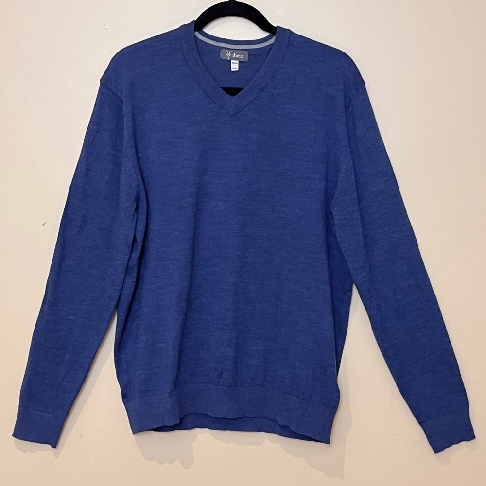 Ibex Wool Blend V-Neck Long Sleeve Pullover Sweater - Men's Size M - Blue